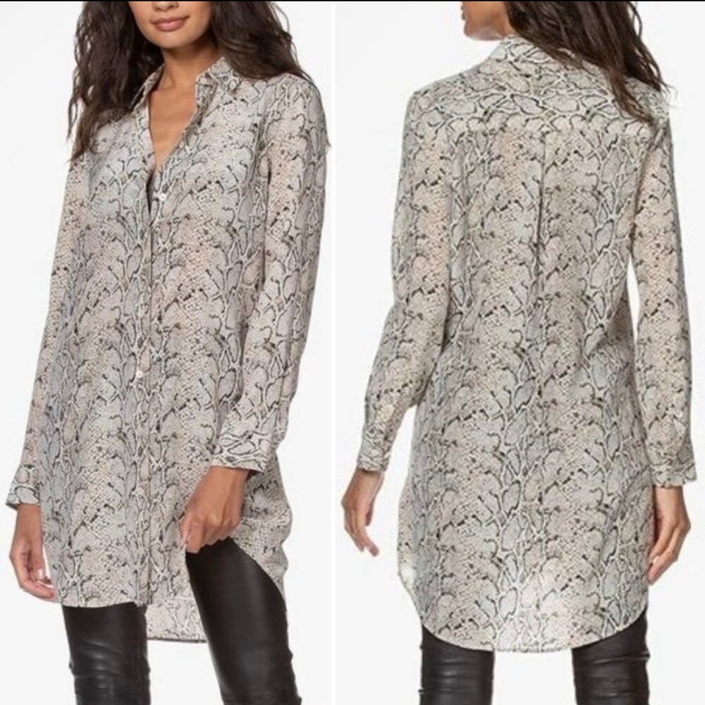 Equipment Snake Patterned Long Sleeve Silk Shirt Dress